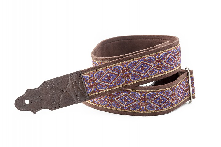 MONTEREY model guitar and bass strap made of 5 cm wide, non-slip technical microfiber on the inside, 2 mm thick low density latex padding, decorated with vintage style embroidered jacquard.